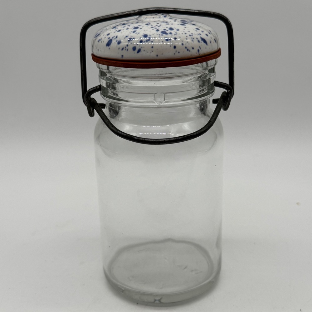 Vintage Wheaton USA Clear Glass Lightning Jar Blue Spatter Ceramic Lid Bail 5"